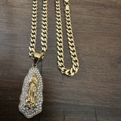 Stainless Steel Cuban Chain Set With Virgin Pendant