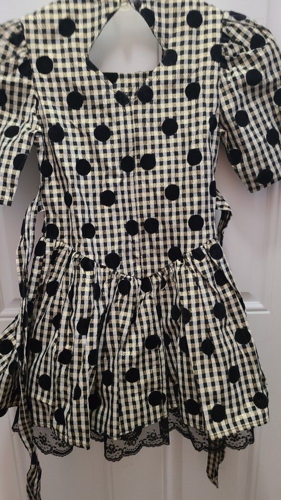 Fancy Christmas Holiday party dress girls 8 by My Michelle. Black velvet dots white with gold shiney threads. Nice and crisp