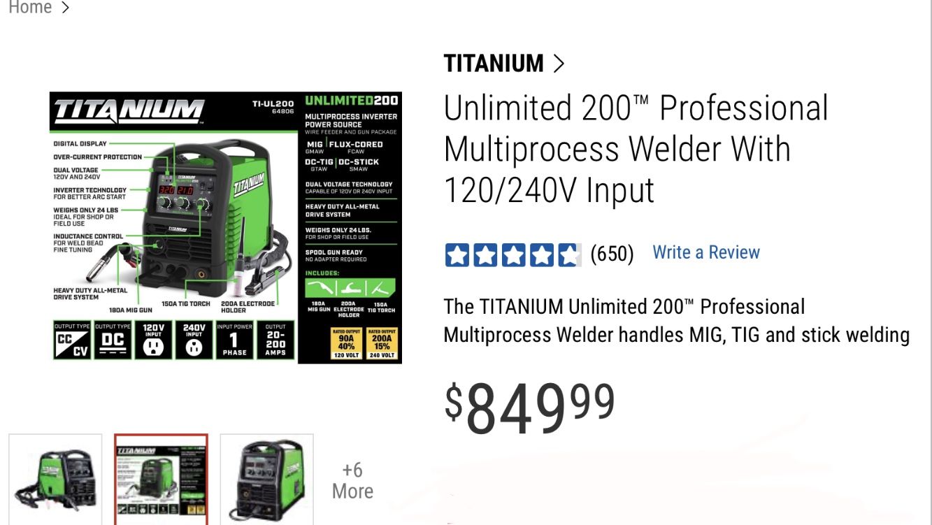 Titanium Unlimited 200 Mig, Tig, Stick Welder Plus Inverter 450$