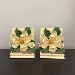 Magnolias Bookends Vintage 1995 CBK Ltd. 4.75" X 5.5" Heavy Plaster