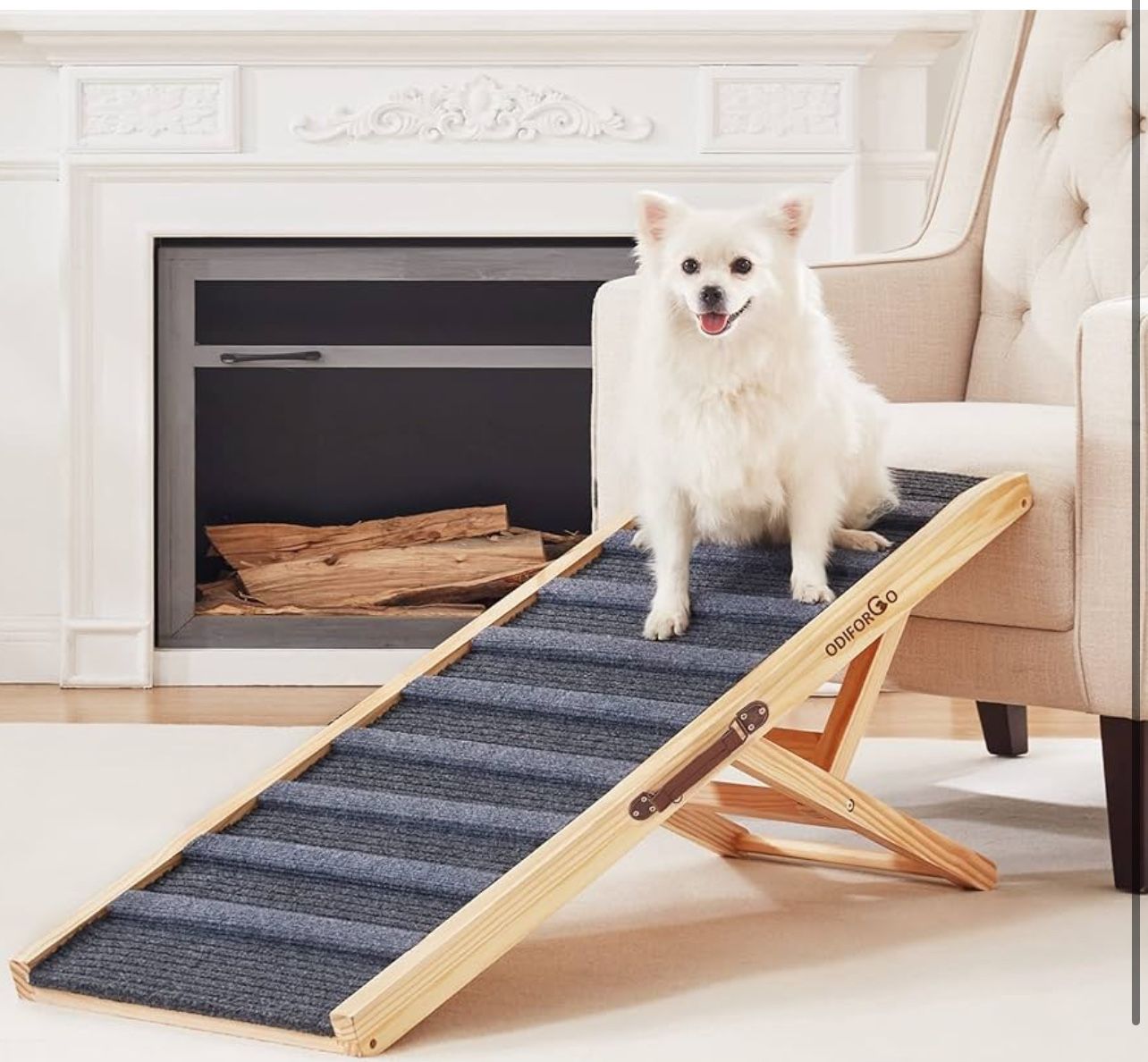 Dog Ramp for Bed, Adjustable Pet Ramp for Couch, Wooden Folding Portable Dog Cat Bed Ramp for Bed and Car, Non Slip Carpet Surface 5 Levels,Natural Wo