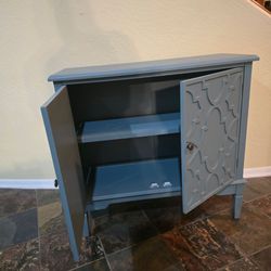 Blue-Gray Accent Cabinet with Lattice Doors