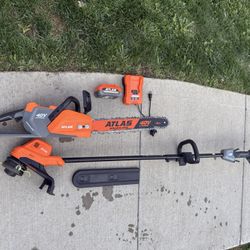 ATLAS 40V Brushless 14" Battery Chainsaw 14" Weedeater Combo Battery Charger $175