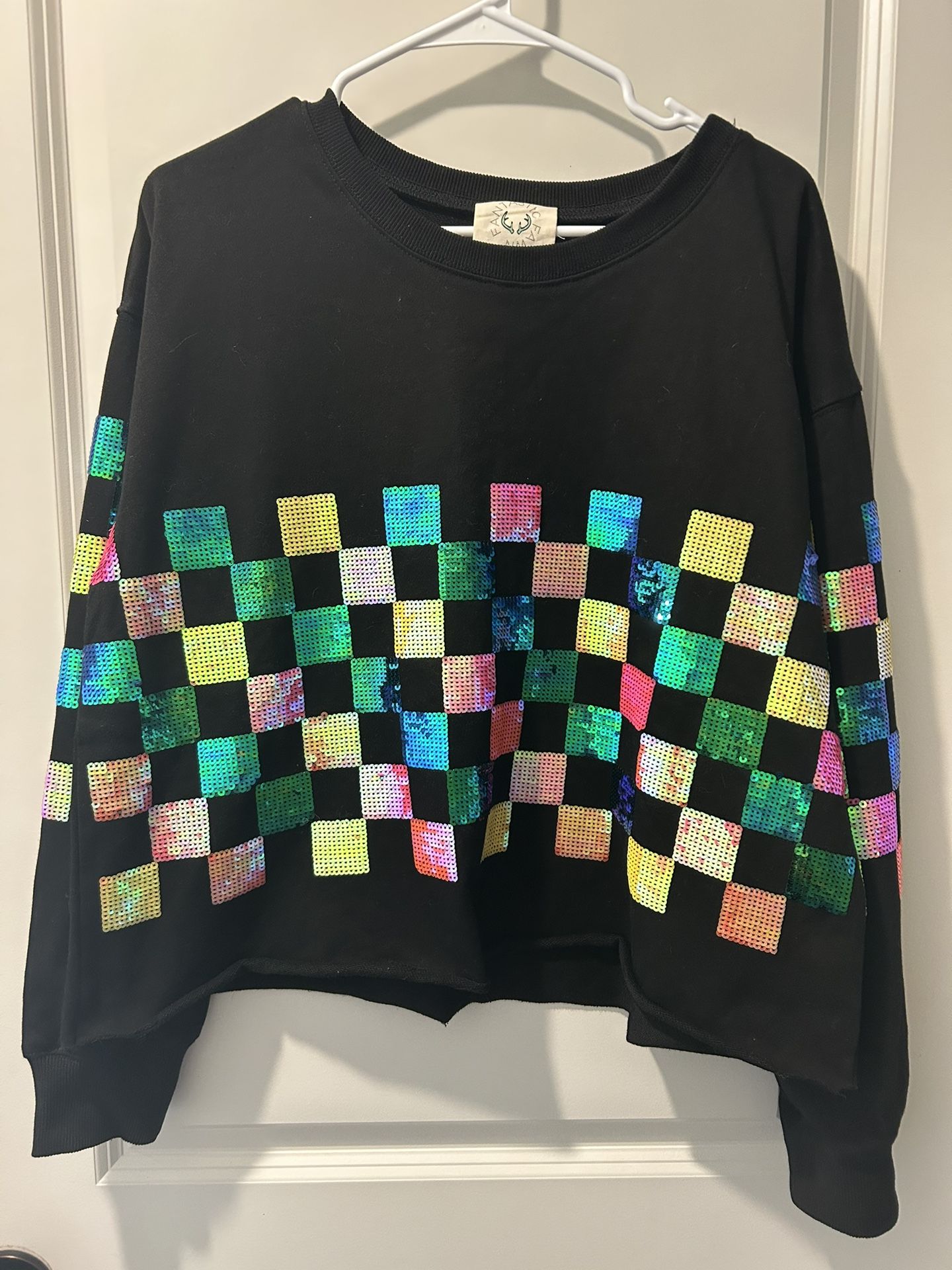 Fantastic Fawn black pullover sweatshirt colorful sequins squares checkers small