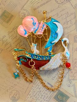 Whimsical Fantasy Ship Enamel Brooch Hot Air Balloon Swan Pin With Charm