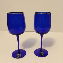 Oneida Crystal Boardroom Cobalt Blue Gold Rim Goblets 8 1/2 inches