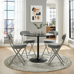 Homy Casa Clift 5PC Dining Set 31.5” Round Black Table with 4 Ernst Faux Fur Upholstered Folding Chairs Padded Seat in Grey