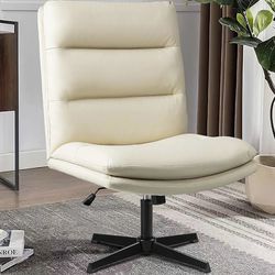 High Back Armless Office Desk Chair No Wheels, PU Leather Cross Legged Office Chair, Wide Seat Home Office Desk Chairs, Adjustable Swivel Vanity Task 