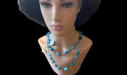 TALBOTS New with Tag  Necklace Turquoise color Beaded  Silver Tone Boho Chic (I ship)