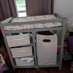 Wood Diaper Changing Table w Drawers, Shelves, Hamper Storage