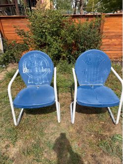 Vintage Pabst Blue Ribbon Metal Lawn Chairs - Pair