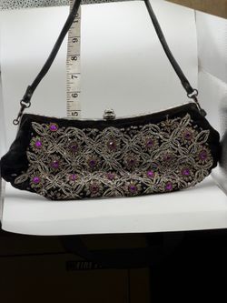 Black Beaded Evening Bag, Velvet, Purple Rhinestones, Silver Frame, Clutch and Shoulder Strap