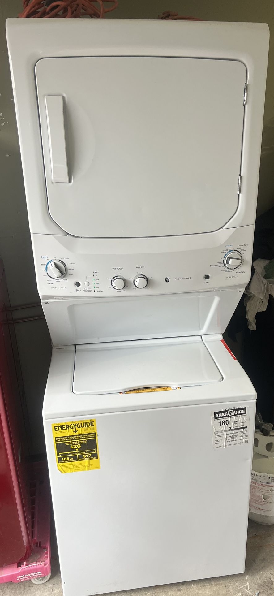 GE 27 Inch Wide 3.8 cu. ft. Washer 5.9 cu. ft. Gas Dryer Laundry Center