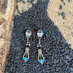 Zuni Tribe Silver Dangle Earring With Turquoise Coral And Onyx Inlay 