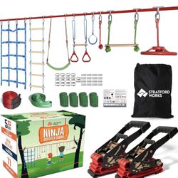 Ninja Warrior Obstacle Course for Kids – 2x65ft Slackline and 12 Challenging Obstacles – Complete Ninja Course for Kids Outside containing Trapeze Swi