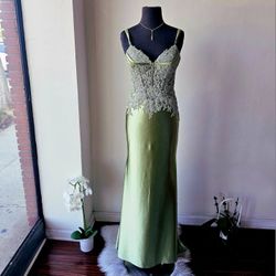 Sage Green satin lace corset top with boning, beaded Prom/ Party / wedding dress,  Mermaid Formal Dresses / SIZE 4