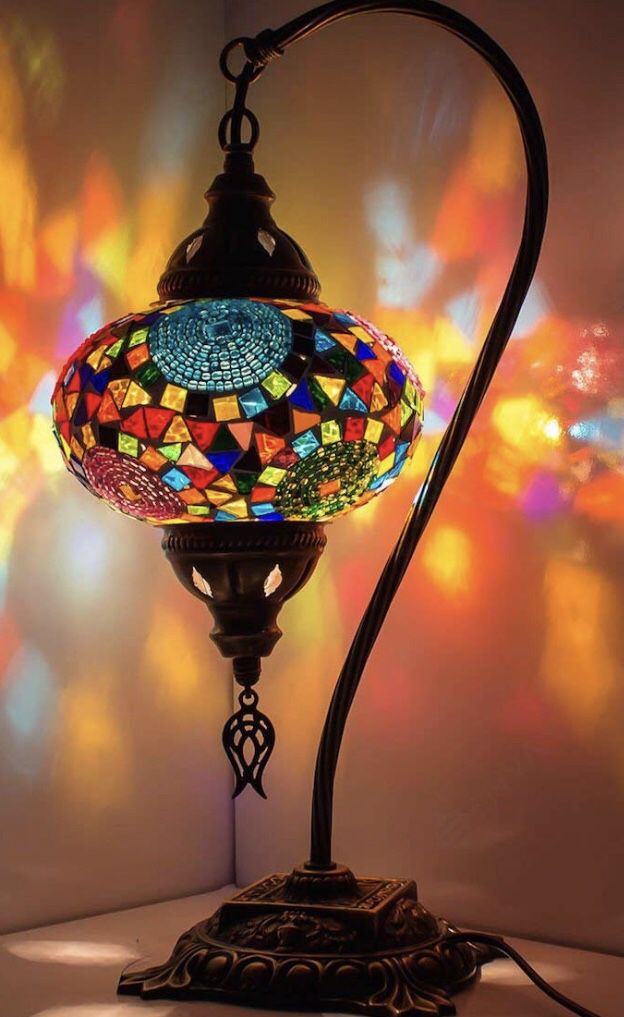 New* BOSPHORUS Stunning Handmade Swan Neck Turkish Moroccan Mosaic Glass Table Desk Bedside Lamp Light with Bronze Base (Multi-colored)