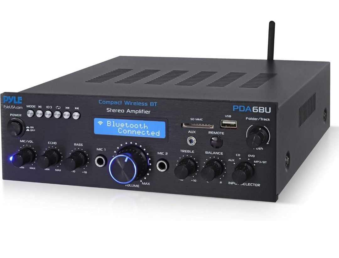 Pyle Wireless Bluetooth Power Amplifier System- 200W Dual Channel Sound Audio Stereo Receiver w/ USB, SD, AUX, MIC IN w/ Echo, Radio, LCD,