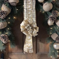 Festive white reindeer burlap double swag bow w/ lights