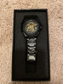 Skeleton Mechanical Watch Black Steel Bracelet