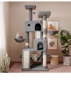 65in Larger Cat Tree Tower Condo for Indoor Cats, Multi-Level Furniture Activity Center with Wide Base/Cozy Plush Cat Perches/Baskets/Sisal Scratching