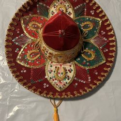 BELRI HAT Sombrero Youth Red Velvet GOLD Mariachi Band Handmade in Mexico 18”