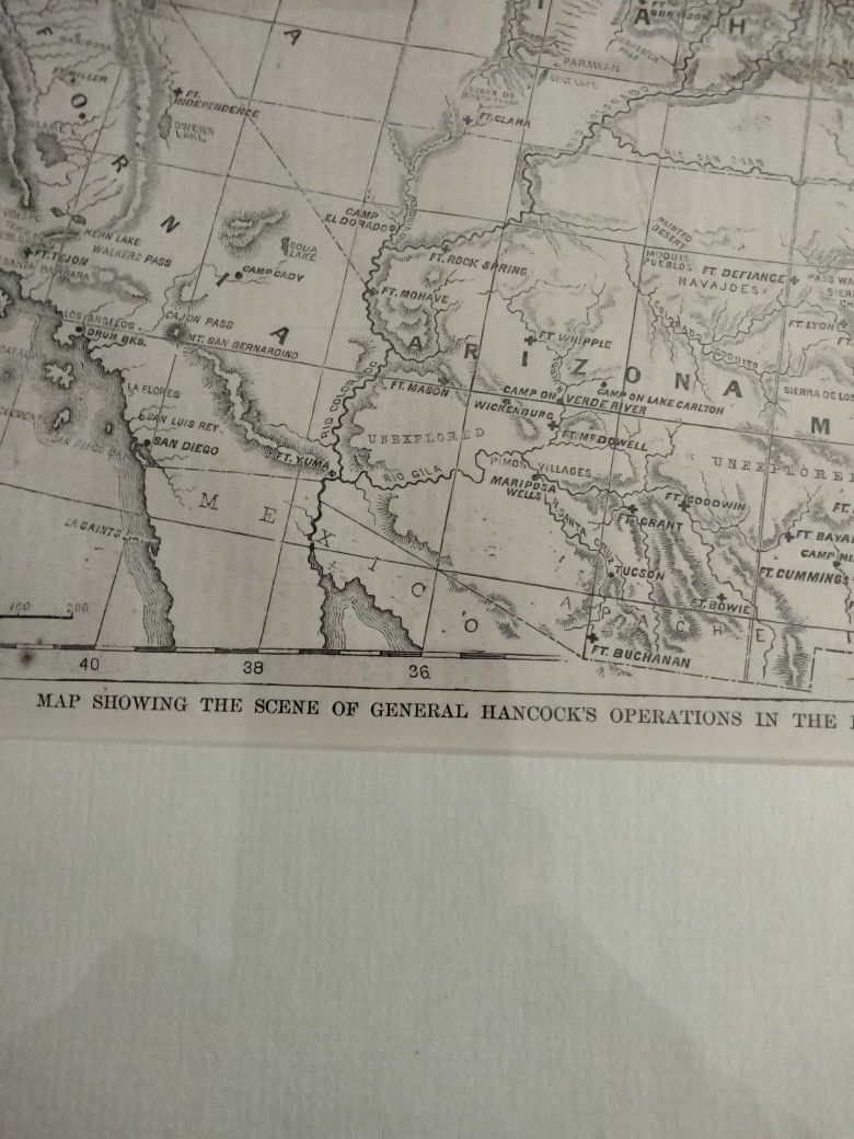 ANTIQUE MAP FROM 1884 HARPER'S WEEKLY ENGRAVING OF GEN. HANCOCK'S OCCUPATION OF INDIAN TERRITORIES IN THE UNITED STATES GENUINE ENGRAVING 140 YRS. OLD