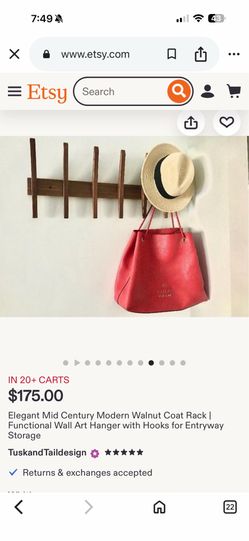 Elegant Mid Century Modern Walnut Coat Rack | Functional Wall Art Hanger with Hooks for Entryway Storage