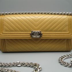 Chanel Yellow Mustard Chevron Lambskin Leather CC Long Boy Wallet 