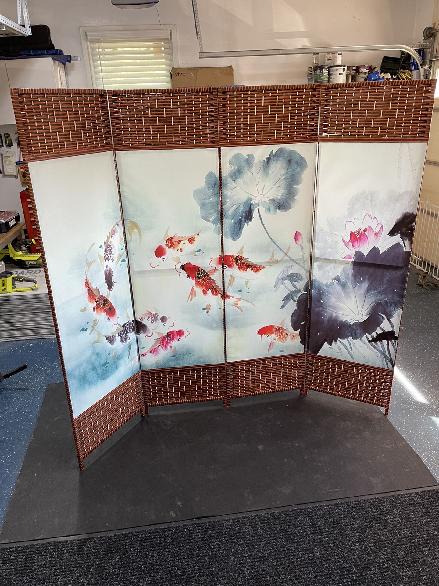4 Panel Asian Koi Fish & Lotus Pond Woven Wood Room Divider