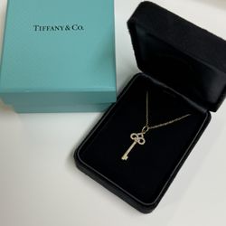 Tiffany & Co Fleur de Lis Key Diamond 18k Gold Pendant and Necklace 16”