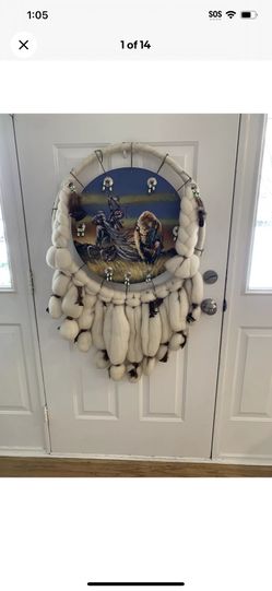 Vintage Large Dream Catcher Fur Wool Feathers Native American Beaded handpainted