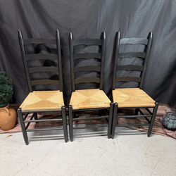 Set of 3 Ladder Back Dining Chairs – Rush Seats, Black Finish
