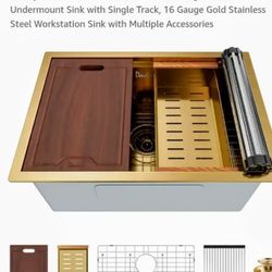 Davivy 26 Inch Kitchen Sink, 26x18 Inch Single Bowl Undermount Sink with Single Track, 16 Gauge Gold Stainless Steel Workstation Sink with Multiple Ac