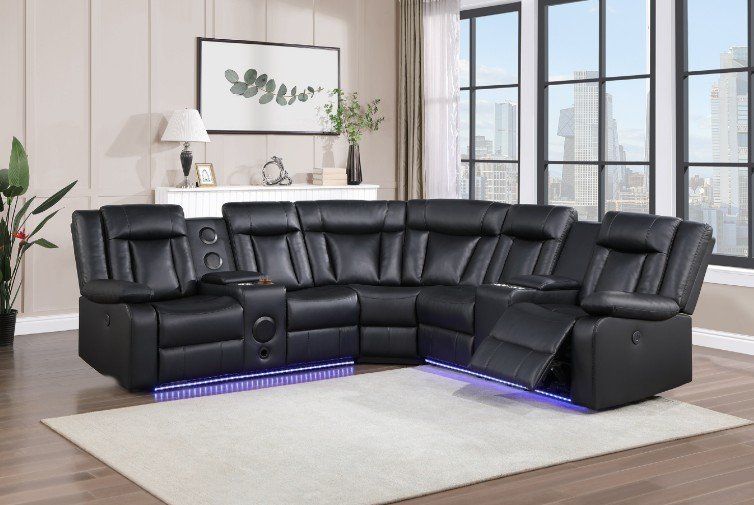 Sleek & Contemporary Power Reclining Sectional w/Bluetooth Speakers & LED Light