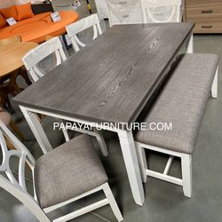 New! 6pcs White Rustic Dining Set, Dinette Set, Kitchen Table And Chairs, Table, Chairs, Bench, Casual Dining Set, Rectangular Dining Table, Dining Ro