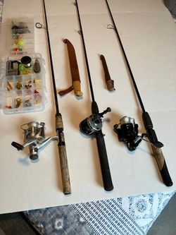 Fishing gear- 5 rods and reels plus tackle , Rapala knives . Shimano rods and reels are 5' light.