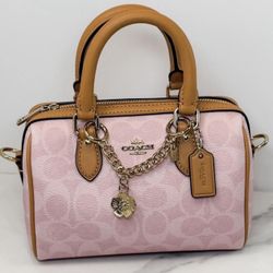 Coach Mini Rowan Crossbody Bag In Signature With Charms in Powder Pink CEK79 NWT
