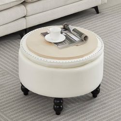 24 Inch Fabric Round Ottoman with Storage, Modern Upholstered Button Tufted Ottoman Coffee Table with Tray Lid, Circle Footstool with Storage for Livi
