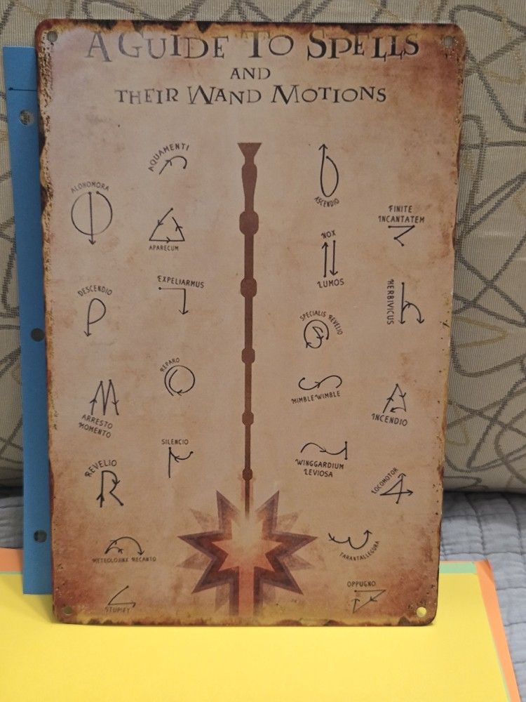 Harry Potter Wand Motions Sign Tin Rustic Style Guide to Spells 8" x 12"