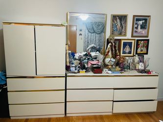 Moving Sale - Cream Lacquer Dresser With Mirror & Armoir  Set  with Brass Accent