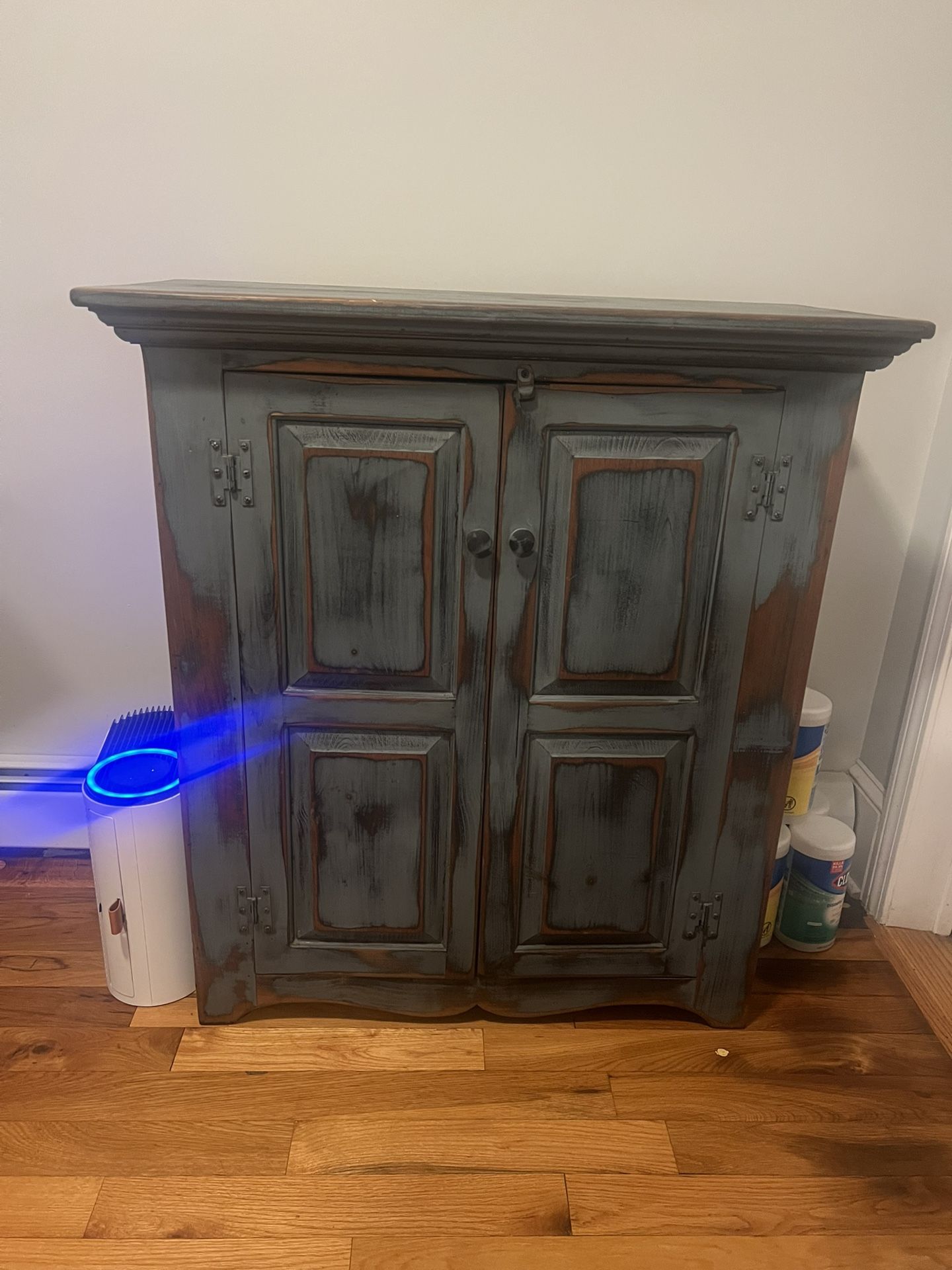 Rustic Distressed Wood Cabinet – Solid Wood, Storage Shelves, Vintage Charm