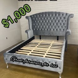 Queen Size Bed Frame Grey Velvet Brand New