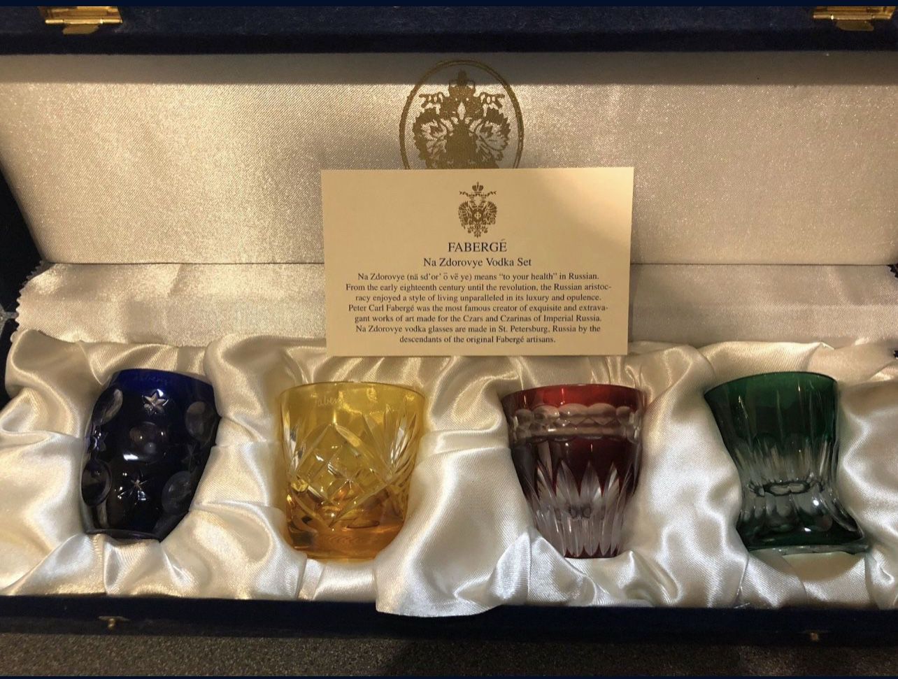 FABERGE Na Zdorovye - Na Zdorovya VODKA SHOT GLASSES!! SIGNED/Etched "Faberge" on the rim of each glass With Faberge Presentation Case! New in box!