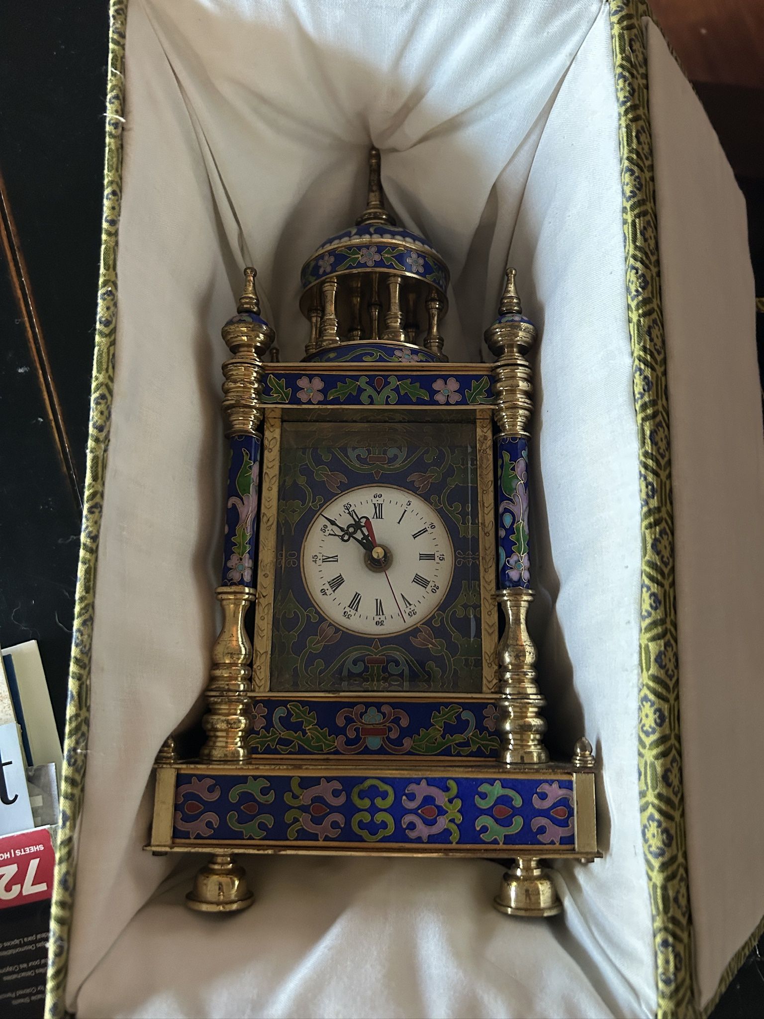 Vintage Chinese Cloisonne Brass Enamel Blue Floral Mantle Carriage Clock