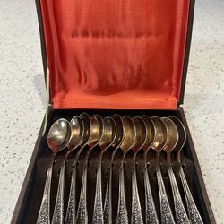 Vintage 1960 Set Of 12 Tea/Coffee Spoons. MHЦ .L 5.7 In.  With Two Layers Silver-Gold Coating Fully Gold Plated. European Quality. Great Present .