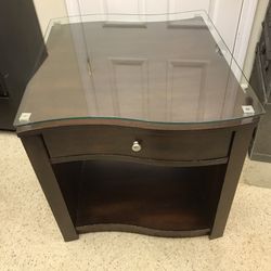 Elegant Swirl Glass Topped Espresso End Table With Drawer And Storage