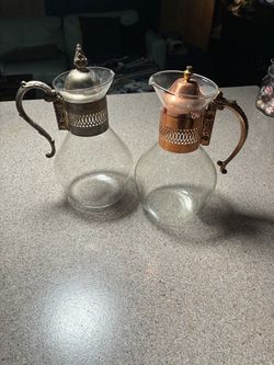 Vintage Glass Carafes with Metal Holders Set of 2