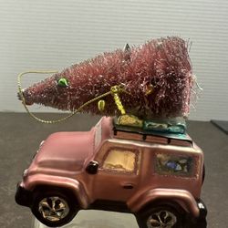 Pink SUV Glass Christmas Ornament Bottle Brush Tree Roof Holiday Decor