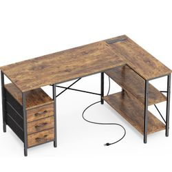 Huuger L Shaped Office Desk with Power Outlets, 47 Inch Desk with 3 Drawers, Shelves, for Gaming, Corner Work, Home Office, Study, Rustic Brown